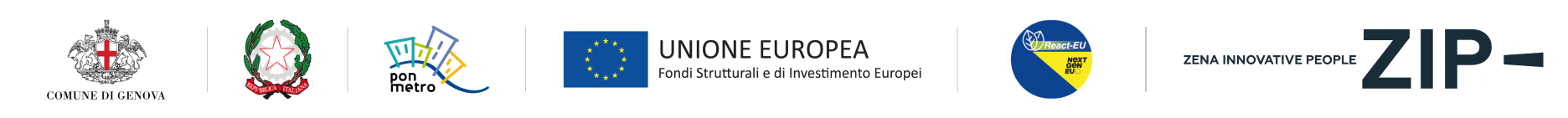 loghi Comune di Genova, Repubblica Italiana, PonMetro, EU, ReactEU, ZIP